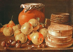 Naturaleza muerta con manzanas, nueces, peras y cajas de dulces